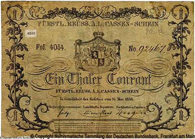  Fürstentum Reuß älterer Linie Landesregierung zu Greiz 1 Thaler Courant. 1858.