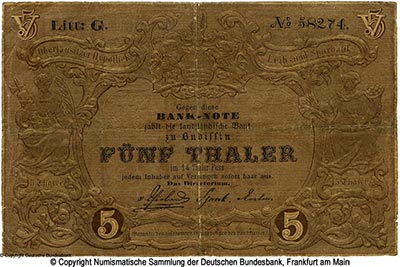 Landständische Hypothekenbank für das Königl. Sächs. Markgraftum Oberlausitz, Bautzen. 5 Thaler 1850.