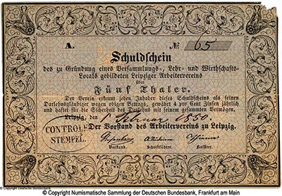 Leipziger Arbeiterverein Schuldschein. 5 Taler 1850