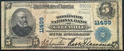 The Woodside National Bank of Greenville 5 Dollars 1919
