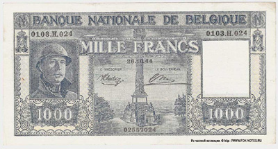 Belgium 1000 francs 1944 banknote