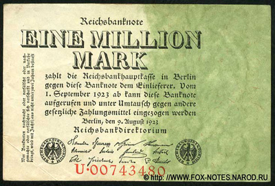 Reichsbank. Reichsbanknote. 1 Million Mark. 9. August 1923. 