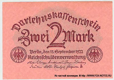 Darlehnskassenschein. 2 Mark. 15. September 1922. 