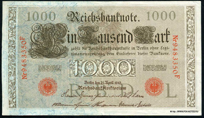 Reichsbanknote. 1000 Mark. 21. April 1910. Siegel rot