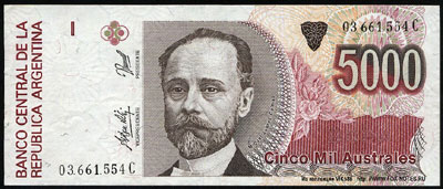 BANCO CENTRAL de la República Argentina 5000 australes 1989