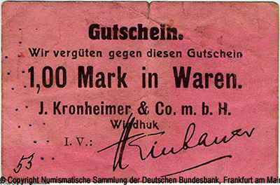 J. Kronheimer & Co. m.b.H. Gutschein 1,00 Mark in Waren
