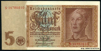 Reichsbank. Reichsbanknote. 5 Reichsmark. 1. August 1942. (Imperial banknote 5 Reichsmark 1942) 