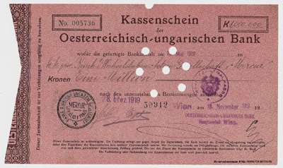 Austro-Hungarian Bank. Cash mark 1,000,000 kronor. Type 1918.