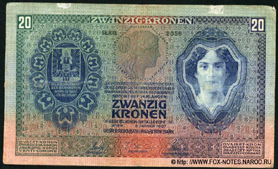 Austro-Hungarian Bank. Banknote 20 kroons 1907 .