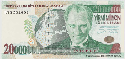 Turkey 20 million lire 2001